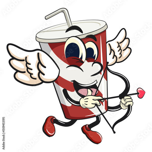 soft drink paper cups retro vektor illustration mascot character become a cupid with angel wings and the arrow of love, work of hand drawn