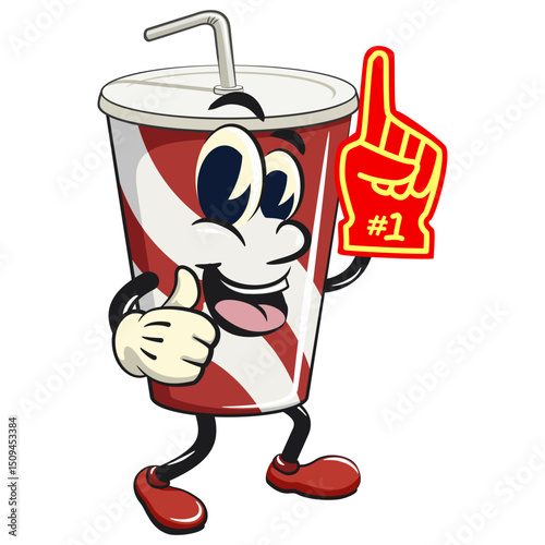 soft drink paper cups retro vektor illustration mascot character raise foam finger, work of hand drawn