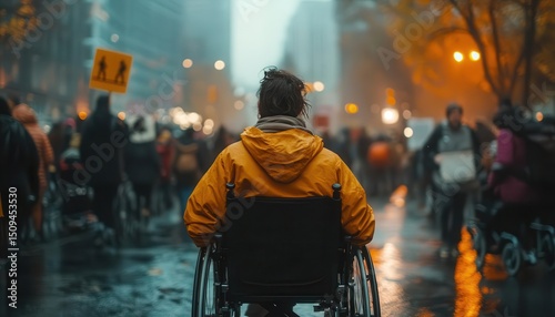 A disabled person protesting for better accessibility laws, Disability Rights, Determined and hopeful