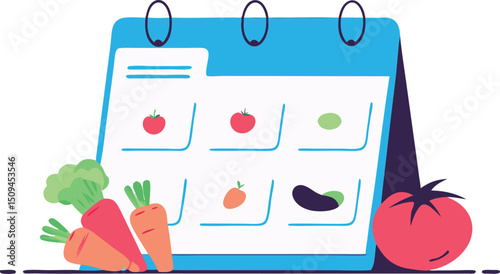 Isometric Vector of Weekly Meal Plan Board Featuring Fresh Vegetables Illustrator Artwork