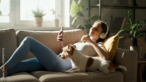 Relaxed Woman Enjoying a Cozy Evening at Home with Her Dog, Listening to Music and Relaxing on the Couch