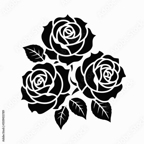 Three roses cluster, black silhouette, clean edges, white background