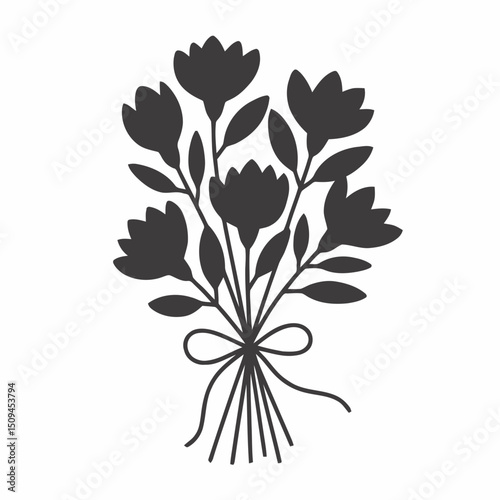 Tied flower bouquet, pure black silhouette, clean floral shapes