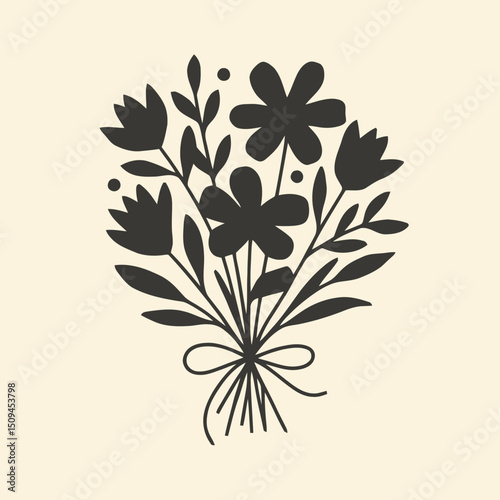 Tied flower bouquet, pure black silhouette, clean floral shapes