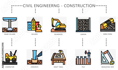 Civil engineering outline color icons. Contain beam, column, excavator, compactor, concrete, pile, draft table and more. Vector for construction UI, UX kit, digital, print, web and app development.