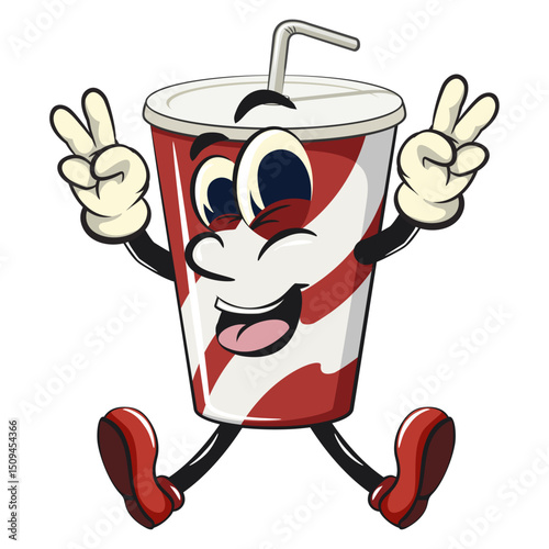 soft drink paper cups retro vektor illustration mascot character with big smile raising two hands in peace sign while jumping happily, work of hand drawn