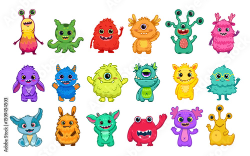Big set of cartoon monsters. Cute monsters. Kids funny character design for posters, cards., magazins. Vector illustration
