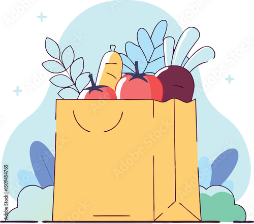 Isometric Vector of Paper Grocery Bag Filled with Green Leaves, Tomatoes, Peppers, and Beets Illustrator Artwork