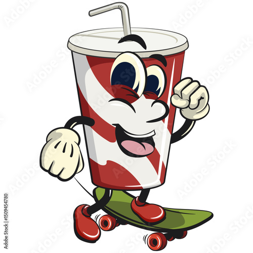 soft drink paper cups retro vektor illustration mascot character riding skateboard, work of hand drawn
