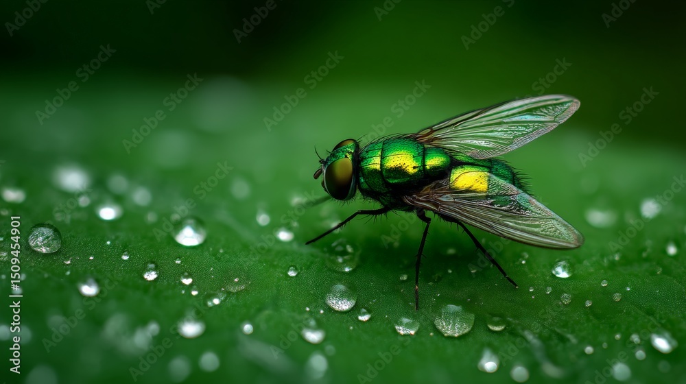 Naklejka premium Vibrant Green Fly on Dewy Leaf Surface