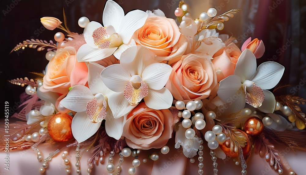 Fototapeta premium Großzügiger Brautstrauß in Blush, Weiß und Apricot mit englischen Rosen, Orchideen und tropfenden Wasserperlen