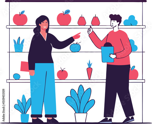 Isometric Vector of Dietitian Advising Shopper on Healthy Food Choices in Grocery Store Illustrator Artwork