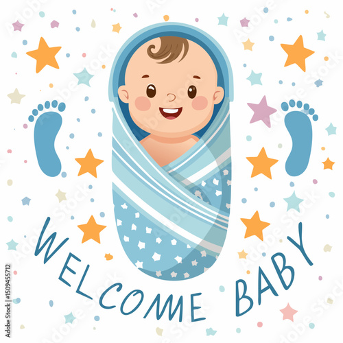 A welcoming and heartwarming new baby design featuring tiny feet, soft tones, and sweet greeting text.