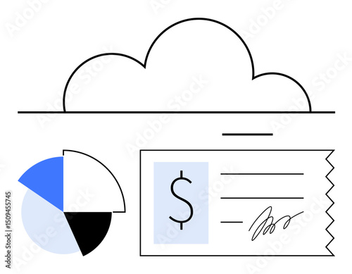Cloud above financial receipt and analytics pie chart segment. Ideal for finance, digital payment, cloud computing, data management, accounting, business growth, fintech. Flat simple metaphor