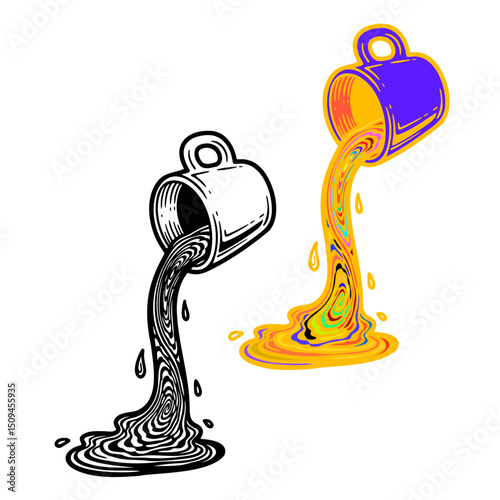 cup pouring a hypnotic illusion liquid, colorful and black illustration, coffee and tea sketch