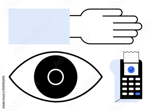 Eye scanning for security, hand gesture for contactless payment, receipt on a card reader. Ideal for technology, payment, security, innovation, biometrics, digital ID simple landing page