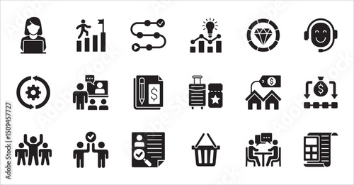 Business company and Management icon set. Contains symbol of teamwork, target, market, global, success, customer service, leadership, holiday, asset, meeting, entrepreneur. Vector illustration