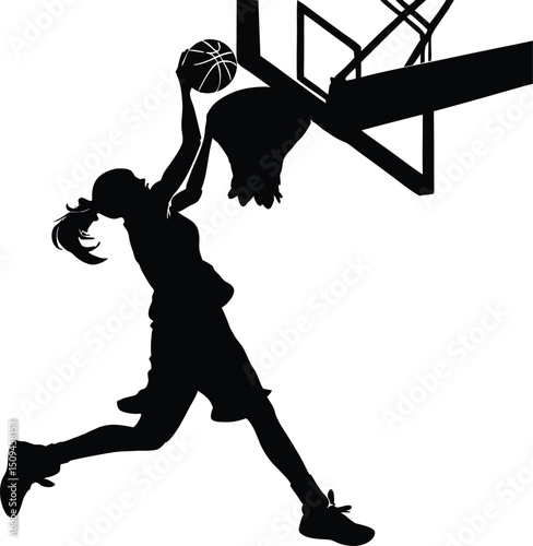 Silhouette of a woman jumping to dunk a basketball into a hoop against a white background