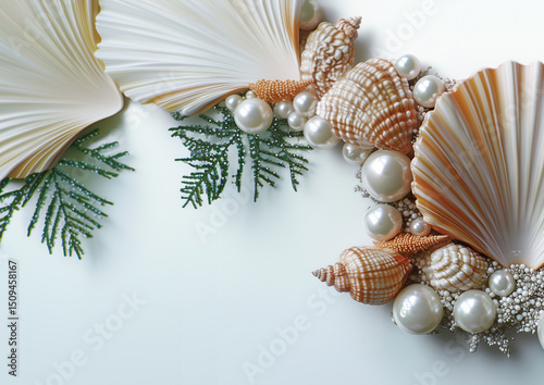 Large seashells adorned with stripes of orange and white. Nestled amongst smaller shells, greenery, starfish and luminous pearls on a bed of sparkling granules, creating a glamorous, oceanic display
