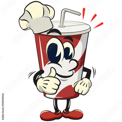 soft drink paper cups retro vektor illustration mascot character as chef give thumbs up, work of hand drawn