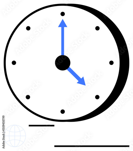 Circular clock with bold outline, black dots for hours, blue time hands, and subtle globe icon. Ideal for time management, scheduling, punctuality, efficiency, planning global reach simplicity