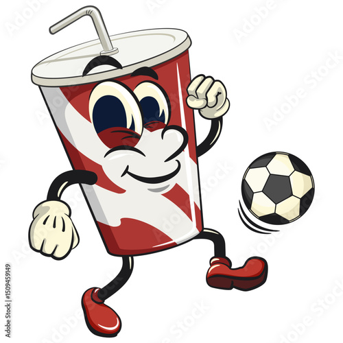 soft drink paper cups retro vektor illustration mascot character playing football or soccer, work of hand drawn