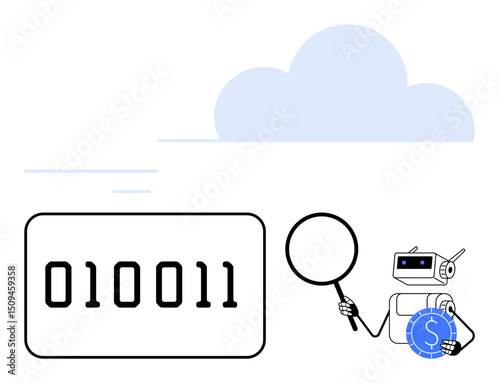 Robot examining binary code with magnifier, coin in claw, cloud in background. Ideal for data analysis, cloud computing, AI, cryptocurrency, cybersecurity fintech coding. Flat simple metaphor