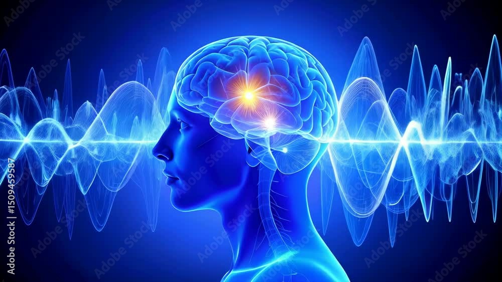 Abstract glowing human brain in blue, visualizing neural network connections, active thinking process, mental activity, and neurological signals