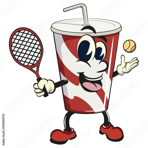 soft drink paper cups retro vektor illustration mascot character playing tennis, work of hand drawn