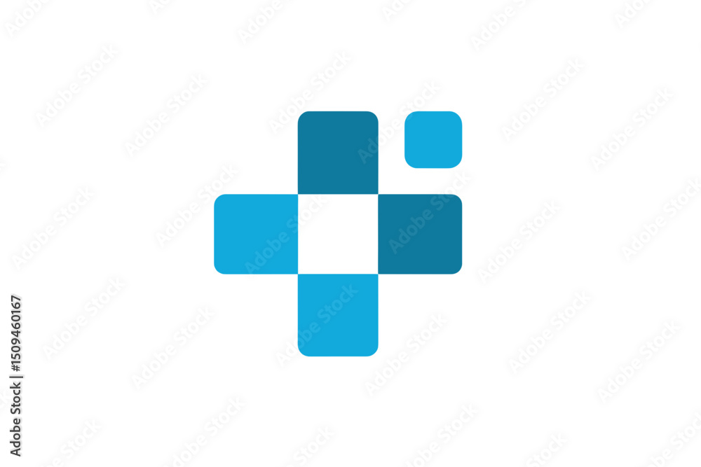 Obraz premium Abstract Teal and White Pixelated Medical Cross on White Background. minimalist icon vector logo