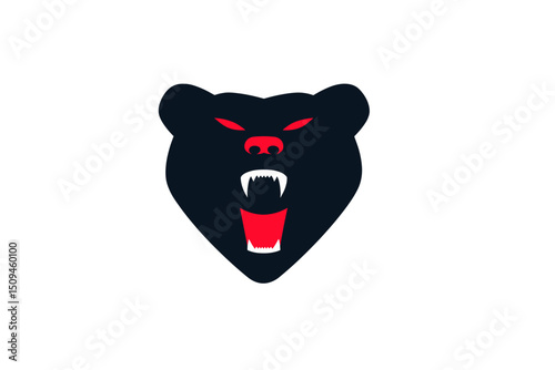Stylized Black Bear Head with Red Eyes and Open Mouth. minimalist icon vector logo