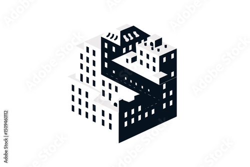 Abstract Black And White Isometric Cityscape Illustration. minimalist icon vector logo