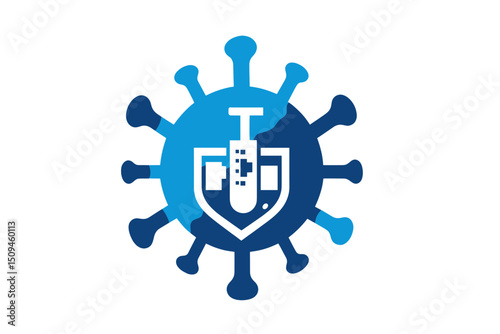 Abstract Virus Illustration with Shield and Test Tube. minimalist icon vector logo