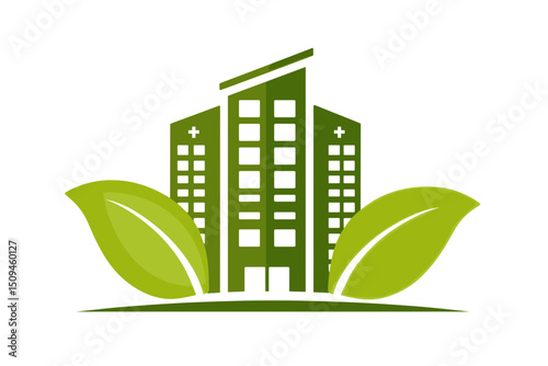 Stylized Green Hospital Building Surrounded by Leaves Symbolizing Eco-Friendly Health Care. minimalist icon vector logo