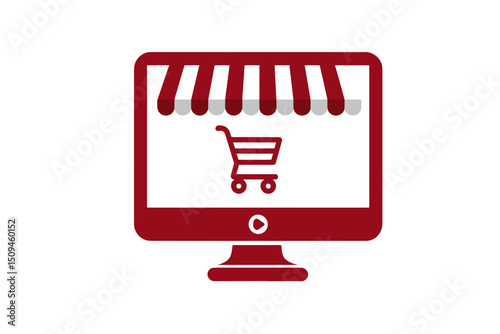 Red Computer Monitor with Shopping Cart Icon and Awning. minimalist icon vector logo