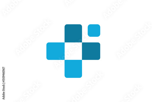 Abstract Teal and White Pixelated Medical Cross on White Background. minimalist icon vector logo