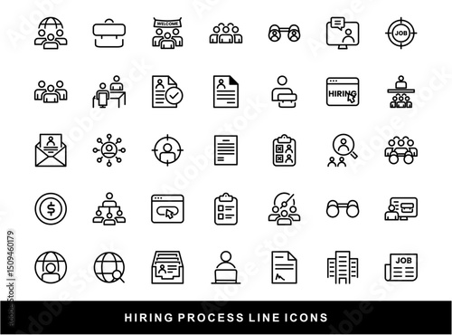 Hiring Process Line Icons. Recruitment, Job Application, Interview, Candidate Selection Vector Set