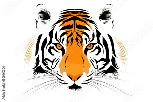 Intense Tiger Portrait: Close-Up of Orange and Black Stripes Against White Background. minimalist icon vector logo