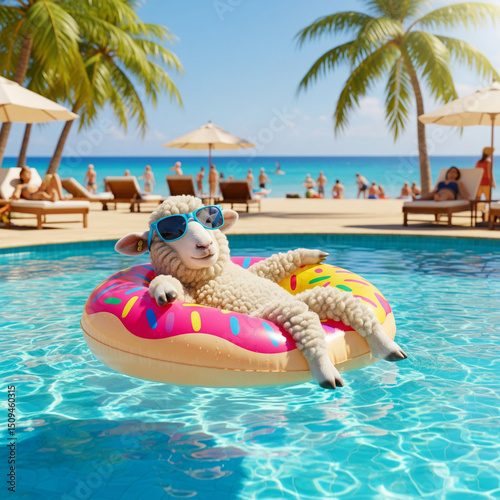 Sheep floating in a pool on a donut floatie, wearing sunglasses. Beach scene in background with palm trees and people. Summer fun, vacation vibes.