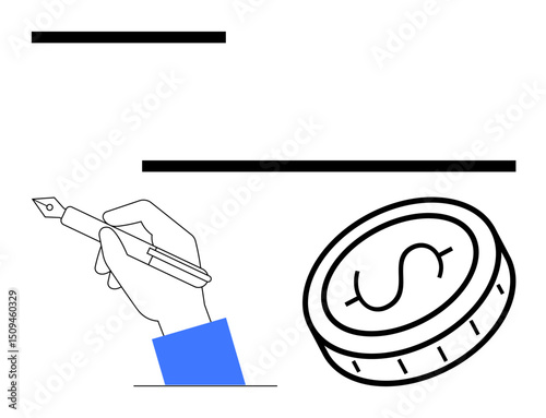 Hand writing with a fountain pen and a coin with a dollar sign. Ideal for finance, creativity, investment, business strategy, education, entrepreneurship, freelance work, simple landing page