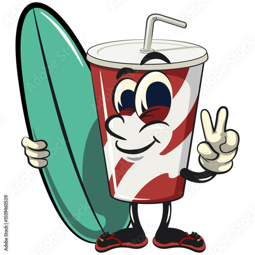 soft drink paper cups retro vektor illustration mascot character with surfboard and gave a peace sign, work of hand drawn