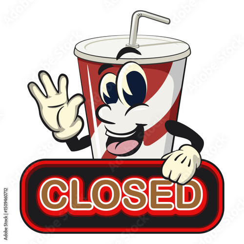 soft drink paper cups retro vektor illustration mascot character showing a sign that says closed while waving his hand, work of hand drawn