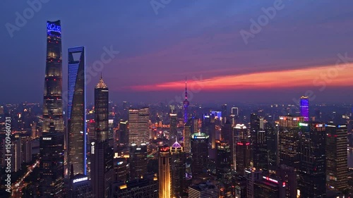 Wallpaper Mural 4K real time Aerial view of Shanghai skyline with Beautiful sunset glow background. Torontodigital.ca