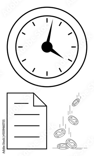 Clock, document, and coins dropping to symbolize time management, productivity, financial planning, and cost-efficiency. Ideal for finance, business strategy, deadlines saving scheduling