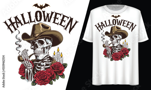 Halloween Skeleton Cowboy, Smoking Pipe Gothic, T-Shirt Design.
