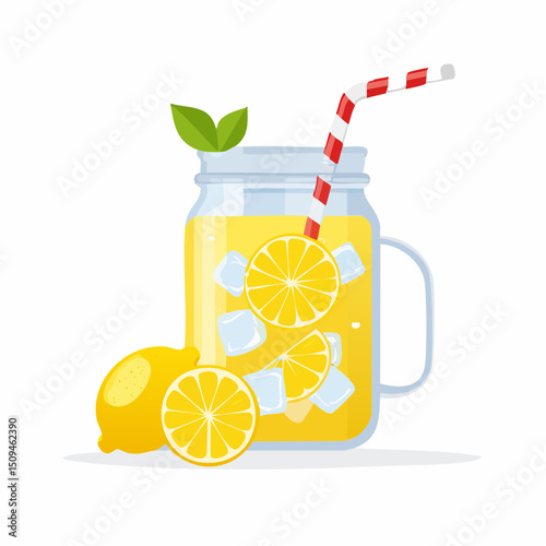 A glass jar of lemonade with lemon slices and ice
