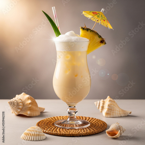 Refreshing tropical drink served in a hurricane glass with foam, pineapple garnish, umbrella, and seashells on beachy setup.
 photo
