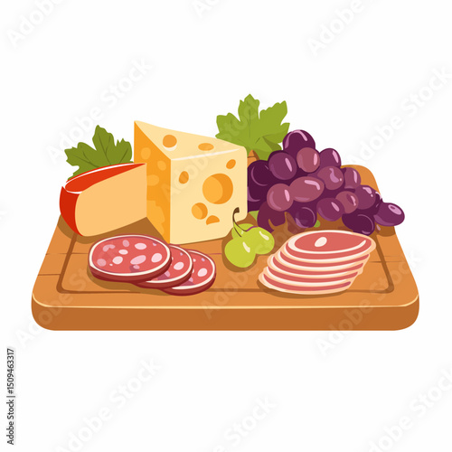 A charcuterie board with cheese, meat, and grapes
