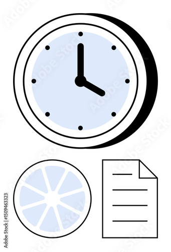 Wall clock, pie chart, and lined document conveying themes of time tracking, planning, and work organization. Ideal for productivity, schedule setting, task prioritization, data analysis workflow