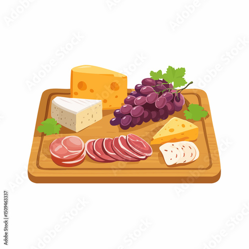A charcuterie board with cheese, meat, and grapes
